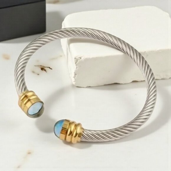 🆕Minimalist Rope Cuff Bangle 18K Gold Plated Stainless Steel Blue Crystals - Picture 1 of 8